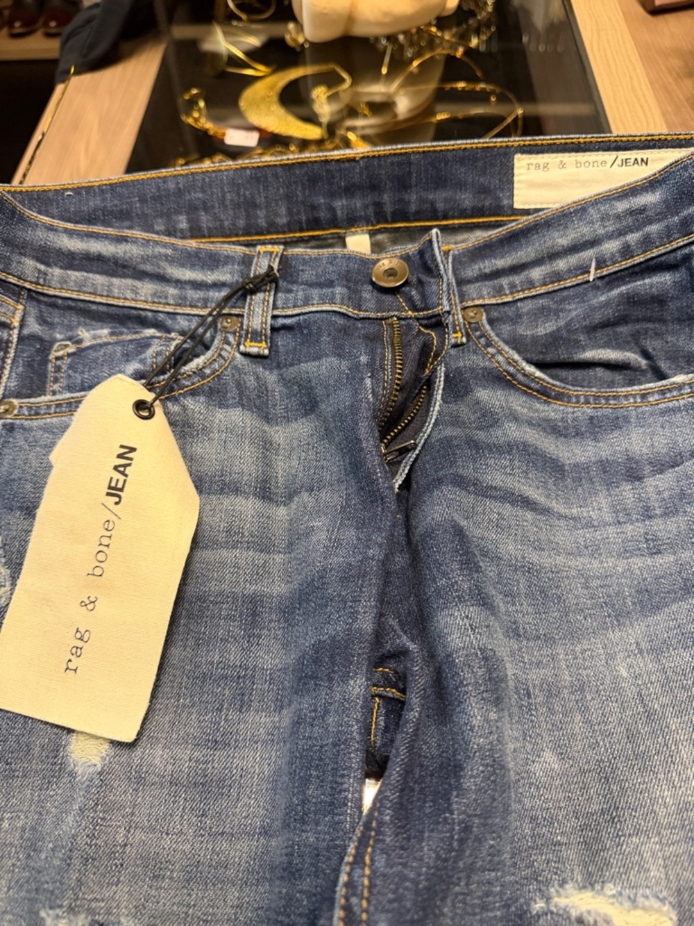 rag & bone Distressed Mid-Blue Skinny Jeans